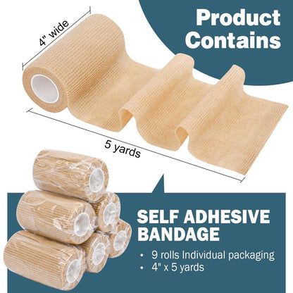 AZEN 9er-Pack Selbstklebende Binde, 4" x 5 Yards Elastische Kohäsionsbinde, Hautfarbenes Sporttape, Knöchelbandage, Tattoo-Griffband, Tierarztwickel