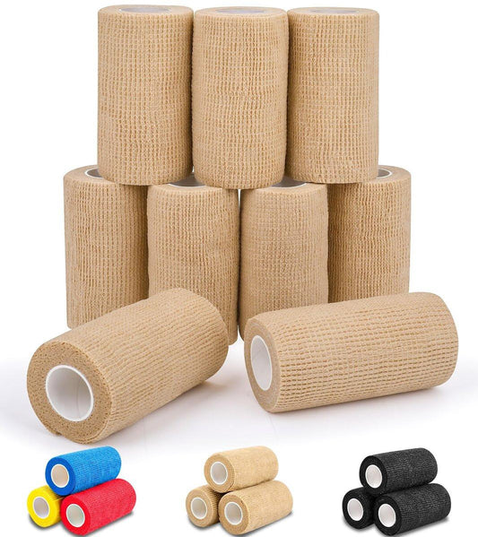 AZEN 9er-Pack Selbstklebende Binde, 4" x 5 Yards Elastische Kohäsionsbinde, Hautfarbenes Sporttape, Knöchelbandage, Tattoo-Griffband, Tierarztwickel