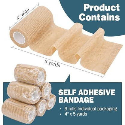 AZEN 9er-Pack Selbstklebende Binde, 4" x 5 Yards Elastische Kohäsionsbinde, Hautfarbenes Sporttape, Knöchelbandage, Tattoo-Griffband, Tierarztwickel