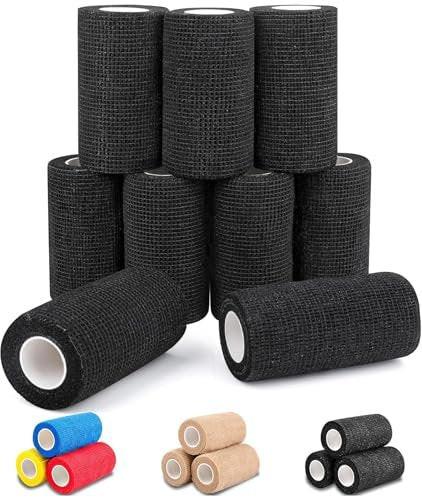 AZEN 9er-Pack selbstklebende Bandage, 4" x 5 Yards, elastische Kohäsivbandage, buntes Sporttape, Tattoo-Grifftape, Vet Wrap, Knöchelbandage