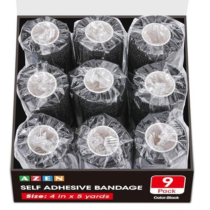 AZEN 12er-Pack Schwarze Selbstklebende Bandage, 7,6 cm x 4,6 m, elastische Kohäsivbinde, Veterinärbinde, Knöchelbandage, Tattoo-Griffbandage