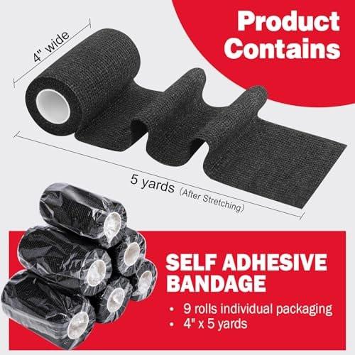 AZEN 9er-Pack selbstklebende Bandage, 4" x 5 Yards, elastische Kohäsivbandage, buntes Sporttape, Tattoo-Grifftape, Vet Wrap, Knöchelbandage