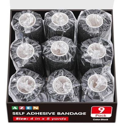 AZEN 9er-Pack selbstklebende Bandage, 4" x 5 Yards, elastische Kohäsivbandage, buntes Sporttape, Tattoo-Grifftape, Vet Wrap, Knöchelbandage