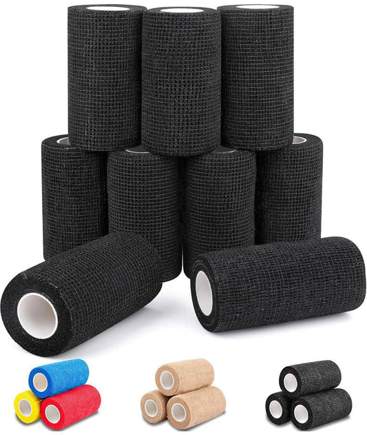 AZEN 9er-Pack selbstklebende Bandage, 4" x 5 Yards, elastische Kohäsivbandage, buntes Sporttape, Tattoo-Grifftape, Vet Wrap, Knöchelbandage