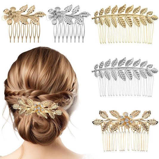 5 Stück Blatt-Haarkämme für Damen, Gold Silber Strass Haarkamm Clips mit Zähnen, Metall-Dekorative French Twist Schiebekämme für Braut Brautjungfer Weihnachten Party Prom Tanz
