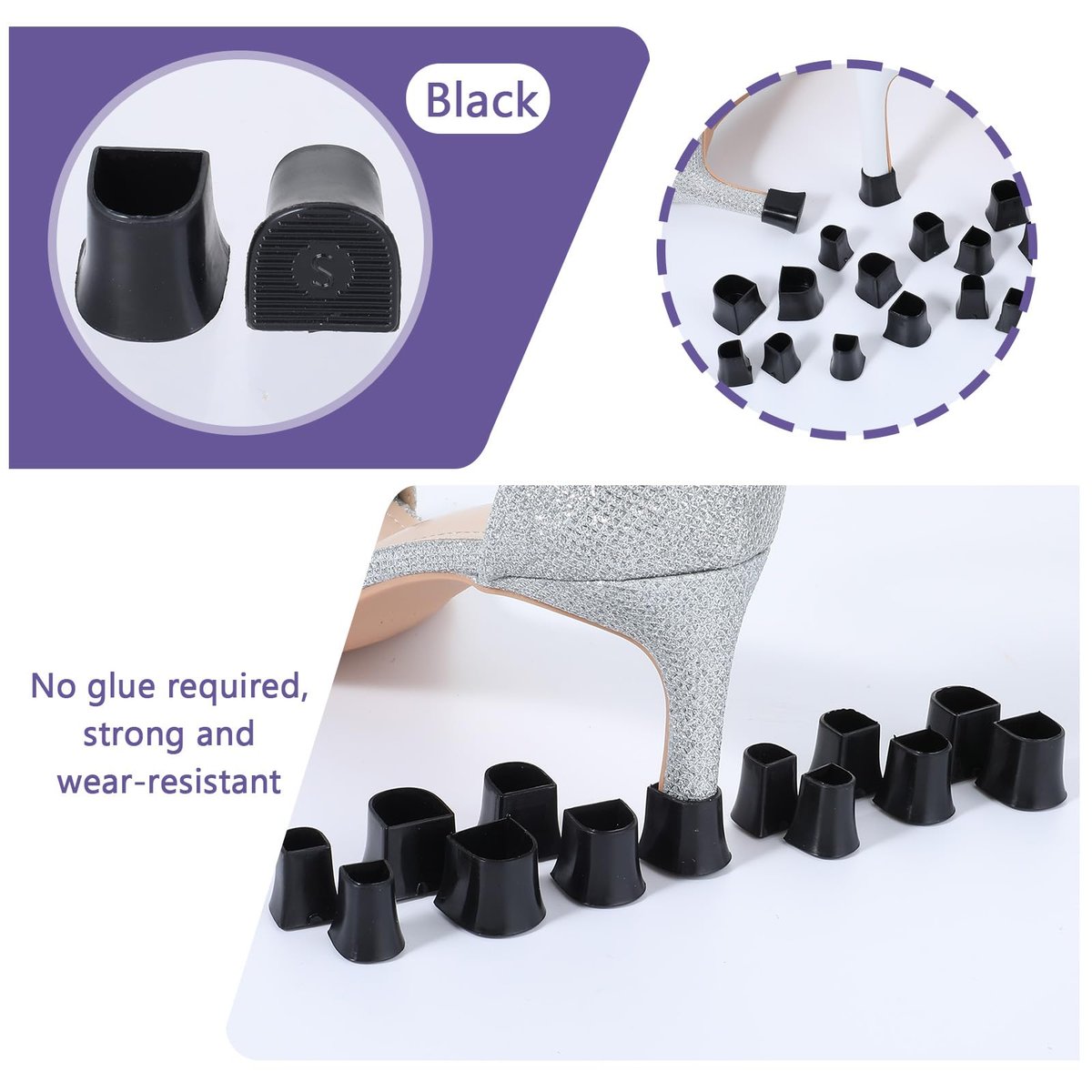 APLZGMG Absatzschutz für High Heels | U-Form 4 Größen Schwarz 12 Paar | Rutschfeste, geräuschreduzierende Absatzkappen für Stilettos und Pumps