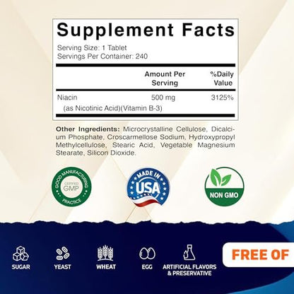 Vitamatic Niacin (Vitamin B3) 500mg, 240 Tabletten - Non-GMO & Glutenfrei