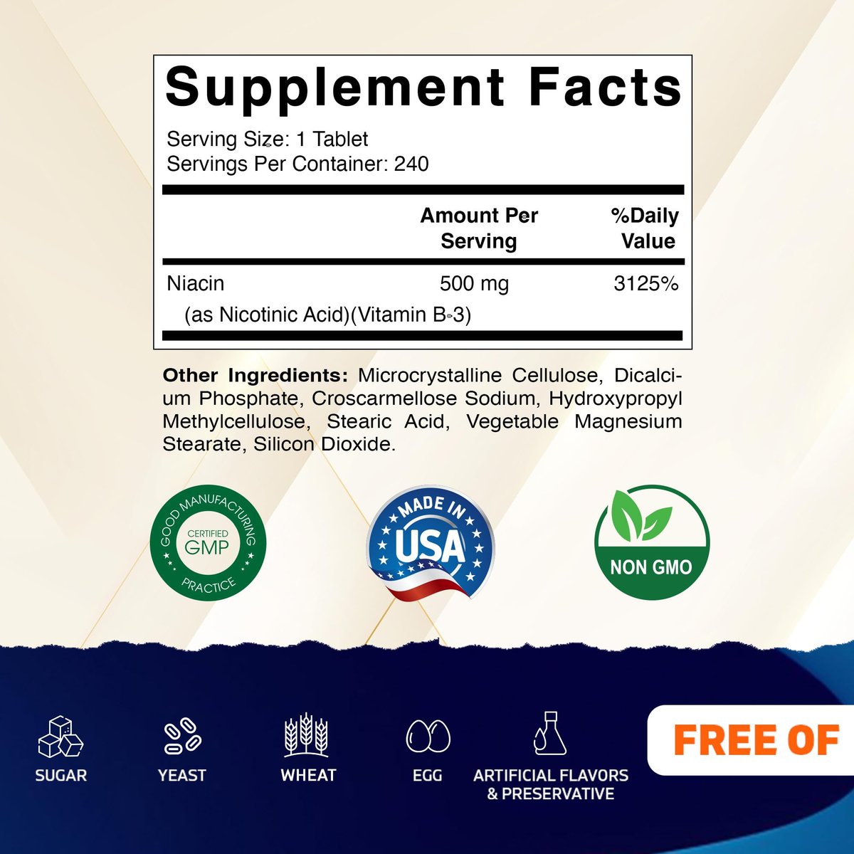Vitamatic Niacin (Vitamin B3) 500mg, 240 Tabletten - Non-GMO & Glutenfrei