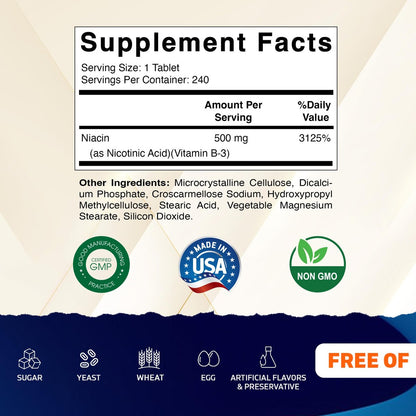 Vitamatic Niacin (Vitamin B3) 500mg, 240 Tabletten - Non-GMO & Glutenfrei