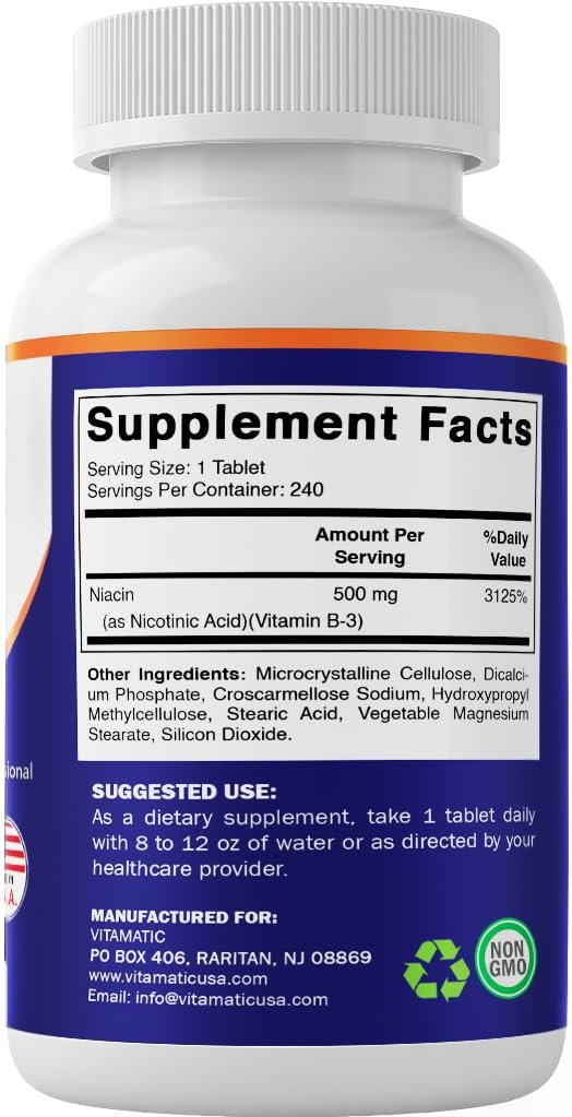 Vitamatic Niacin (Vitamin B3) 500mg, 240 Tabletten - Non-GMO & Glutenfrei