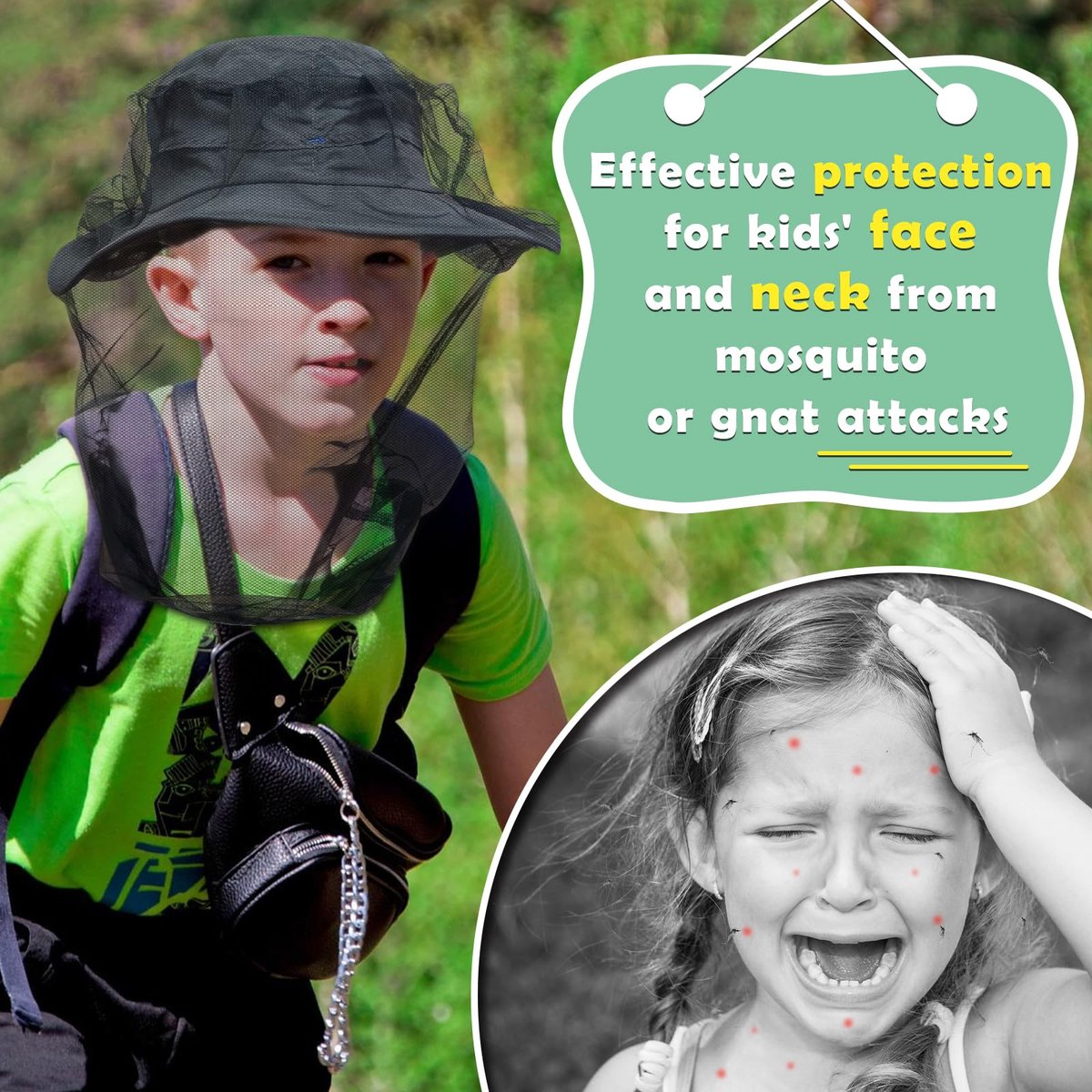 South to East Premium Kinder Mückenschutznetz für Insekten, 2er-Pack, Fliegen- und Käferschutz | Extra groß und lang, extra feine Maschen für Camping, Wandern, Angeln, Safari, passend für alle Hüte für Kinder von 5-12 Jahren