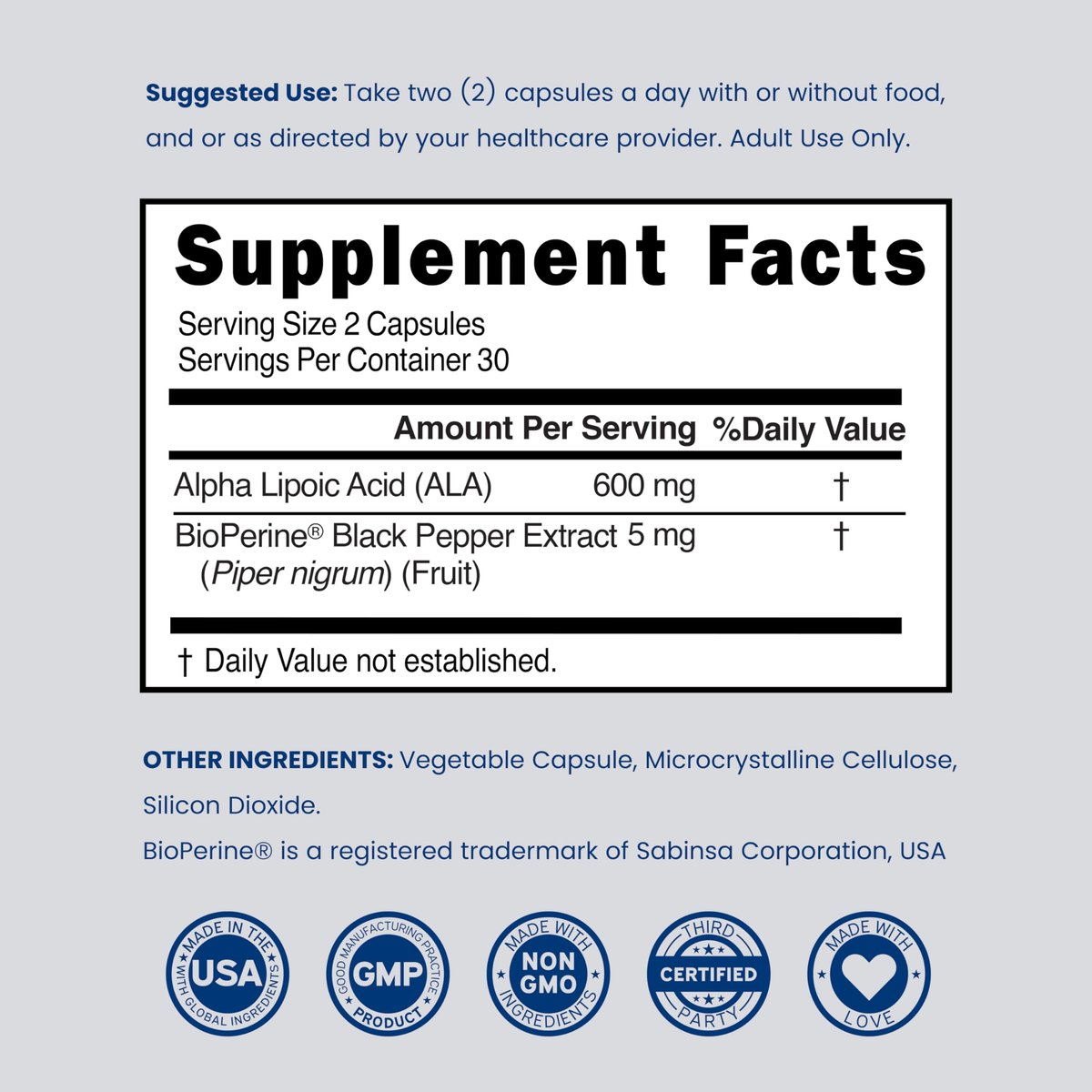 Alpha-Liponsäure 600 mg pro Portion 60 Kapseln – Starkes Antioxidans für Neuropathie und Herz-Kreislauf-Gesundheit (ALA-Präparat) – Drittanbieter getestet, Nicht-GVO, Glutenfrei, Vegan & Hergestellt in den USA
