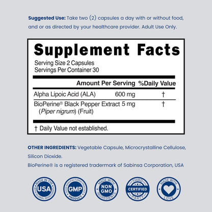 Alpha-Liponsäure 600 mg pro Portion 60 Kapseln – Starkes Antioxidans für Neuropathie und Herz-Kreislauf-Gesundheit (ALA-Präparat) – Drittanbieter getestet, Nicht-GVO, Glutenfrei, Vegan & Hergestellt in den USA