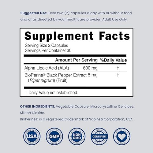 Alpha-Liponsäure 600 mg pro Portion 60 Kapseln – Starkes Antioxidans für Neuropathie und Herz-Kreislauf-Gesundheit (ALA-Präparat) – Drittanbieter getestet, Nicht-GVO, Glutenfrei, Vegan & Hergestellt in den USA