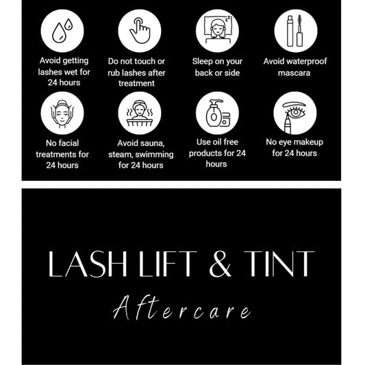 Lash Lift and Tint Aftercare Card | 50er-Pack | Visitenkartengröße 2x3,5 Zoll | Schwarz-Weiß-Design mit Illustration & Anleitung