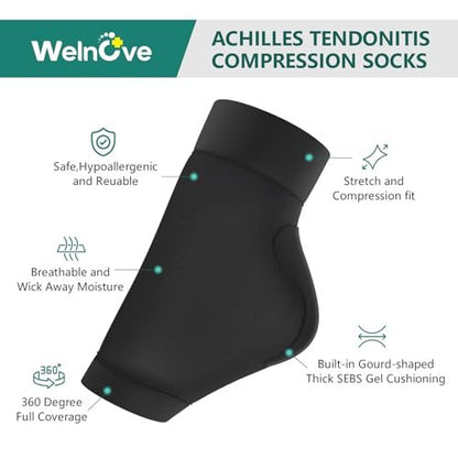 Welnove Fersen-Schutz-Socken bei Achillessehnenentzündung – Kompressionsstrümpfe mit Gel-Polster – FSA & HSA geeignet – für Bursitis, Schmerzen, trockene und rissige Fersen – Regular