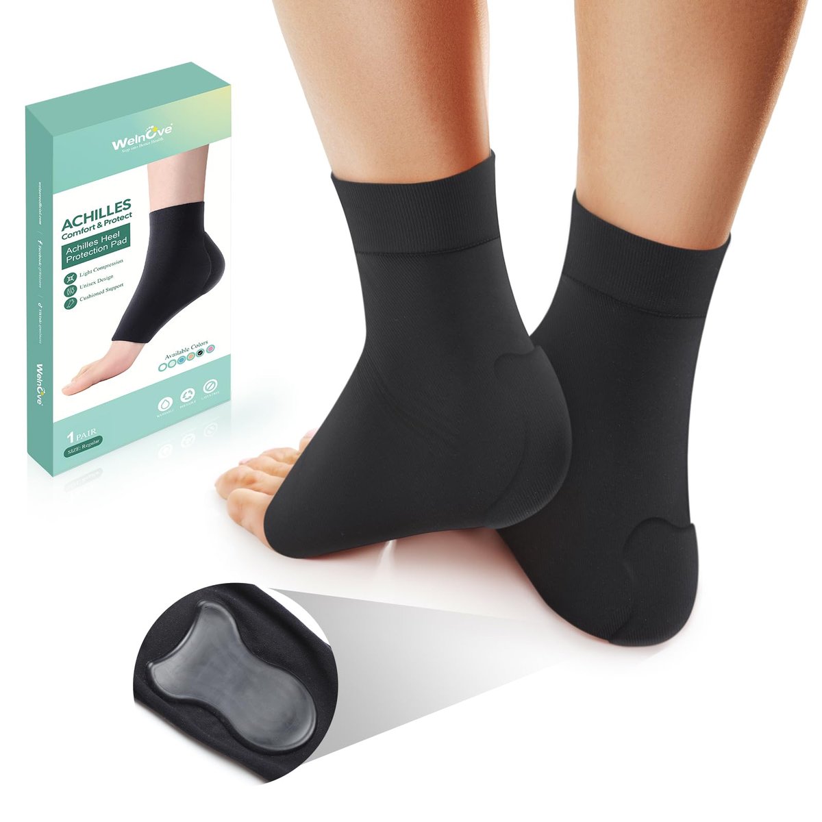 Welnove Fersen-Schutz-Socken bei Achillessehnenentzündung – Kompressionsstrümpfe mit Gel-Polster – FSA & HSA geeignet – für Bursitis, Schmerzen, trockene und rissige Fersen – Regular