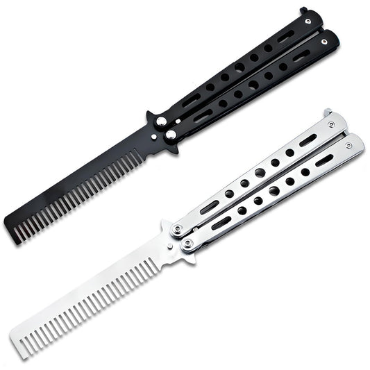 Jaasuee 2er-Set Edelstahl Klappkämme in Schwarz und Silber – Faltbare Haarstyling-Werkzeuge für Sport und Outdoor