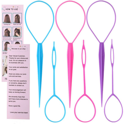 Schembo Topsy Tail Haarwerkzeug-Set – 6-teiliges Loop-Styling-Werkzeug, Ziehdurch-Pferdeschwanz, zwei Größen, 3 Farben (Pink/Lila/Blau) für Frauen, Mädchen und Kinder