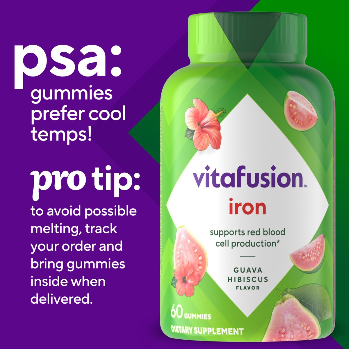 Vitafusion Eisen Gummibärchen – Unterstützt die Bildung roter Blutkörperchen, Guave-Hibiskus-Geschmack, 30 Portionen, 60 Stück
