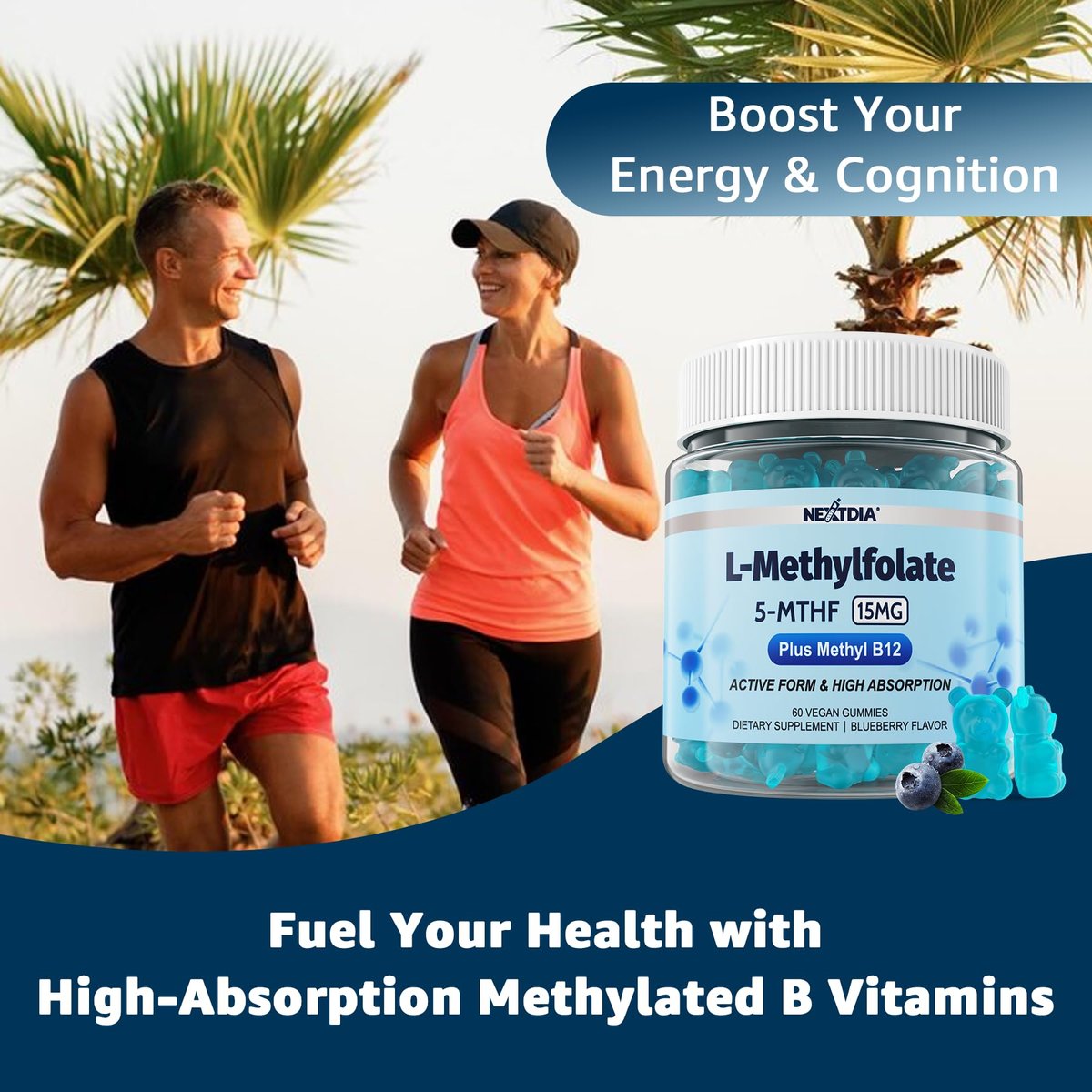 L-MethylFolate 15mg & Methyl B12 Gummies, Methylierte B1, B2, B6 Multivitamine – Aktives 5-MTHF & hohe Absorption – Unterstützt MTHFR-Gen, Kognition, Homocysteinspiegel, Folatstoffwechsel, Vegan, 60 Stück