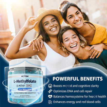 L-MethylFolate 15mg & Methyl B12 Gummies, Methylierte B1, B2, B6 Multivitamine – Aktives 5-MTHF & hohe Absorption – Unterstützt MTHFR-Gen, Kognition, Homocysteinspiegel, Folatstoffwechsel, Vegan, 60 Stück