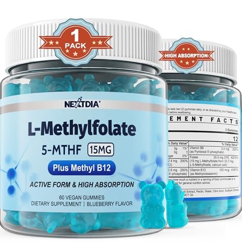L-MethylFolate 15mg & Methyl B12 Gummies, Methylierte B1, B2, B6 Multivitamine – Aktives 5-MTHF & hohe Absorption – Unterstützt MTHFR-Gen, Kognition, Homocysteinspiegel, Folatstoffwechsel, Vegan, 60 Stück