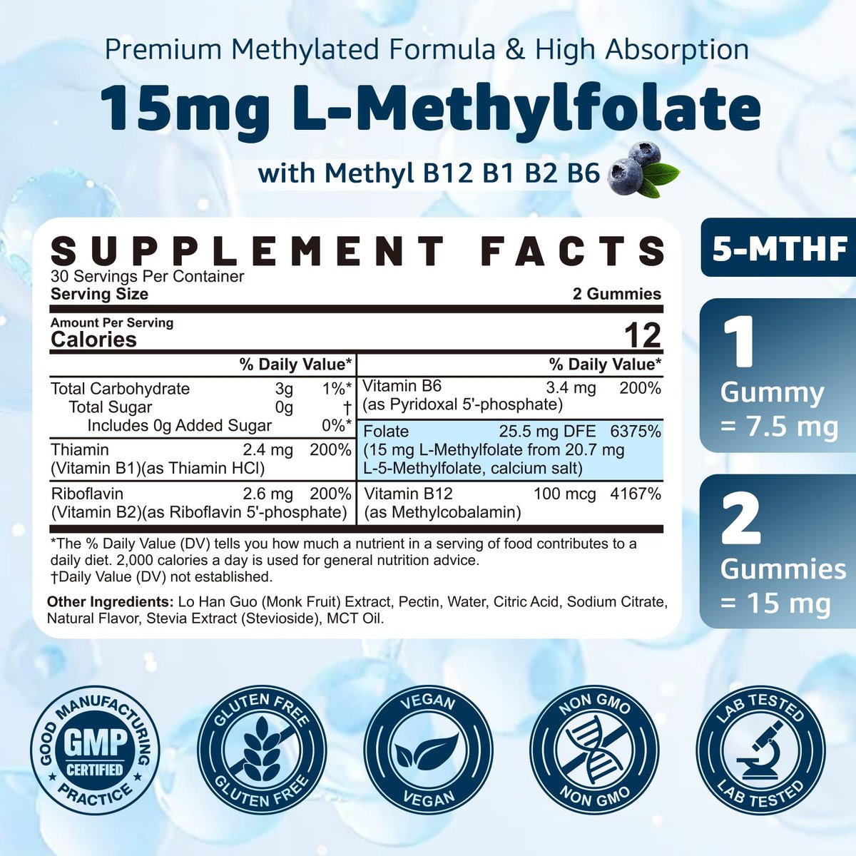 L-MethylFolate 15mg & Methyl B12 Gummies, Methylierte B1, B2, B6 Multivitamine – Aktives 5-MTHF & hohe Absorption – Unterstützt MTHFR-Gen, Kognition, Homocysteinspiegel, Folatstoffwechsel, Vegan, 60 Stück