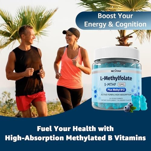 L-MethylFolate 15mg & Methyl B12 Gummies, Methylierte B1, B2, B6 Multivitamine – Aktives 5-MTHF & hohe Absorption – Unterstützt MTHFR-Gen, Kognition, Homocysteinspiegel, Folatstoffwechsel, Vegan, 60 Stück