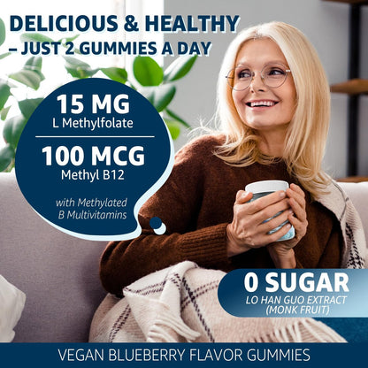 L-MethylFolate 15mg & Methyl B12 Gummies, Methylierte B1, B2, B6 Multivitamine – Aktives 5-MTHF & hohe Absorption – Unterstützt MTHFR-Gen, Kognition, Homocysteinspiegel, Folatstoffwechsel, Vegan, 60 Stück