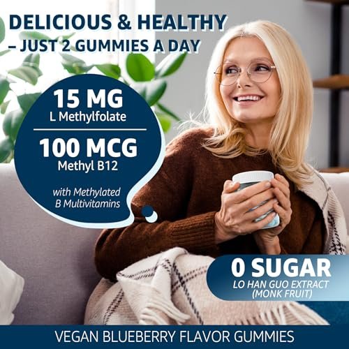 L-MethylFolate 15mg & Methyl B12 Gummies, Methylierte B1, B2, B6 Multivitamine – Aktives 5-MTHF & hohe Absorption – Unterstützt MTHFR-Gen, Kognition, Homocysteinspiegel, Folatstoffwechsel, Vegan, 60 Stück