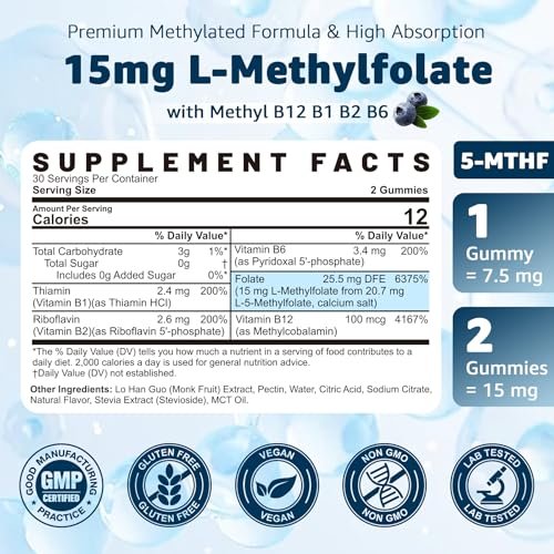 L-MethylFolate 15mg & Methyl B12 Gummies, Methylierte B1, B2, B6 Multivitamine – Aktives 5-MTHF & hohe Absorption – Unterstützt MTHFR-Gen, Kognition, Homocysteinspiegel, Folatstoffwechsel, Vegan, 60 Stück