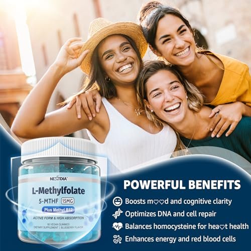 L-MethylFolate 15mg & Methyl B12 Gummies, Methylierte B1, B2, B6 Multivitamine – Aktives 5-MTHF & hohe Absorption – Unterstützt MTHFR-Gen, Kognition, Homocysteinspiegel, Folatstoffwechsel, Vegan, 60 Stück
