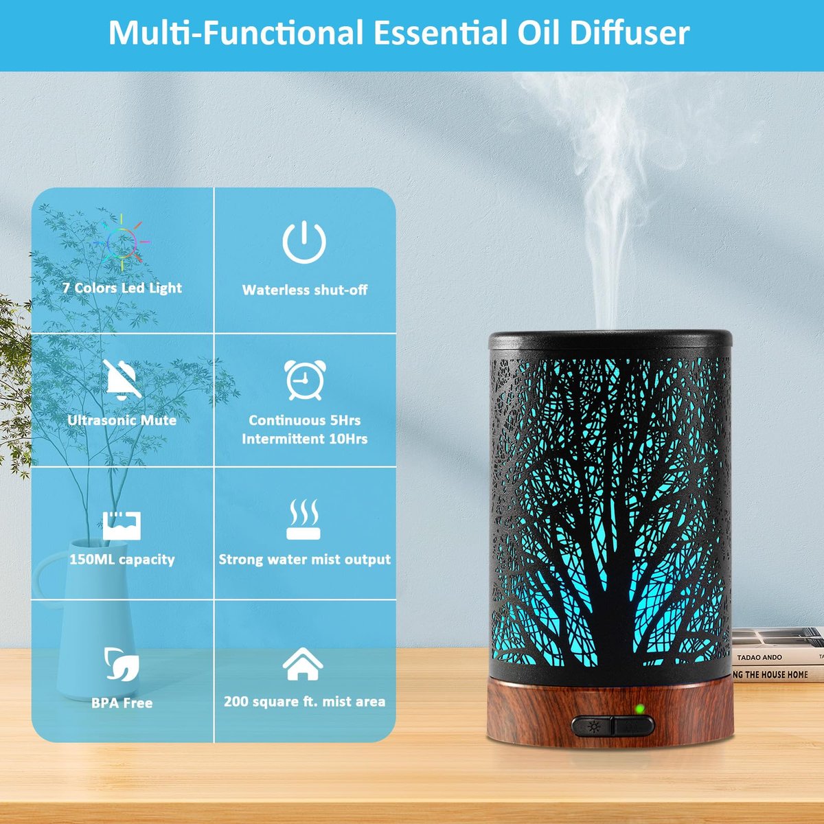 Maromamix Aromatherapie Diffuser 150ML – Metall Ultraschall Duftdiffuser mit 7 Farben LED Licht, Auto-Abschaltung, Geschenk für Mama