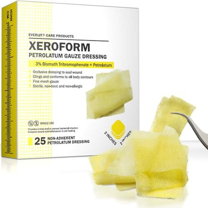 EVERLIT Xeroform Petrolatum-Dressing – Sterile, nicht haftende Okklusiv-Feingaze-Kompresse, 2" x 2", 25er-Pack