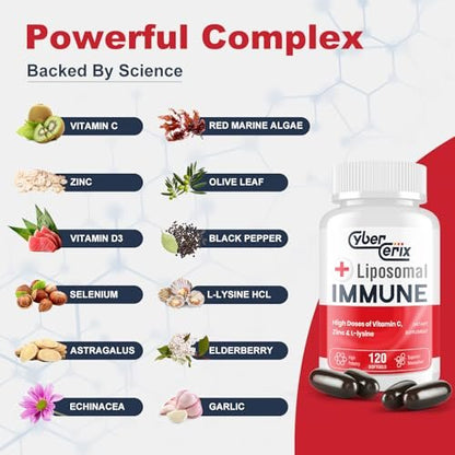 CyberCerix Liposomales Immunsystem-Supplement mit L-Lysin 1.500 mg, Vitaminen, Mineralien & Kräuterextrakten – Tägliche Wellness-Formel für Männer & Frauen, 120 Kapseln