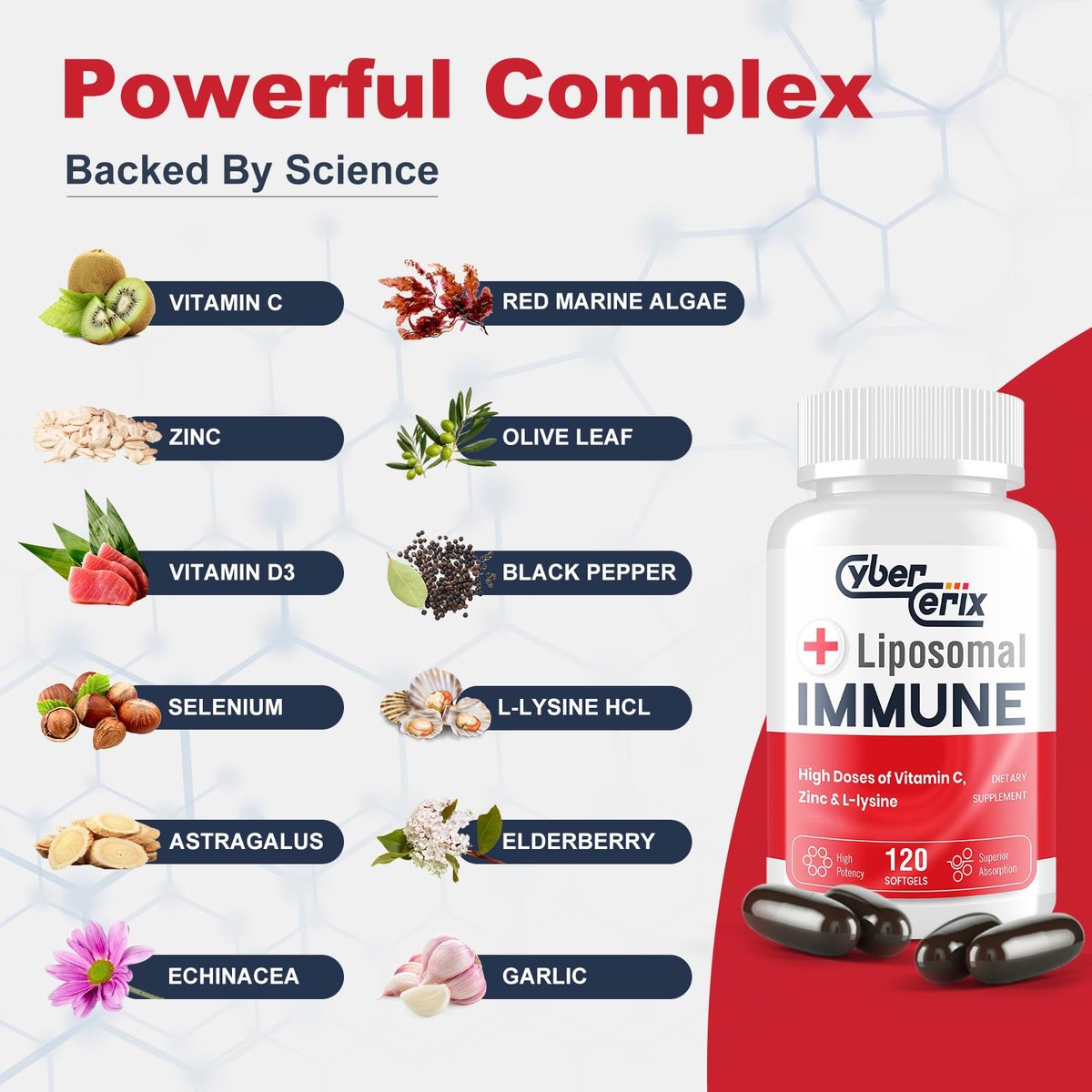 CyberCerix Liposomales Immunsystem-Supplement mit L-Lysin 1.500 mg, Vitaminen, Mineralien & Kräuterextrakten – Tägliche Wellness-Formel für Männer & Frauen, 120 Kapseln