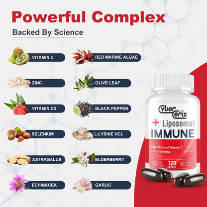 CyberCerix Liposomales Immunsystem-Supplement mit L-Lysin 1.500 mg, Vitaminen, Mineralien & Kräuterextrakten – Tägliche Wellness-Formel für Männer & Frauen, 120 Kapseln