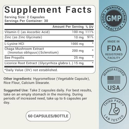 L-Lysin Lippenherpes Behandlung mit Immununterstützung - L-Lysin 1000mg Kapseln, Chaga, Bienenpropolis, Vitamin C, Zink & Süßholzwurzel-Extrakt - Nicht-GVO, Vegetarisch, 60 Kapseln für Männer und Frauen
