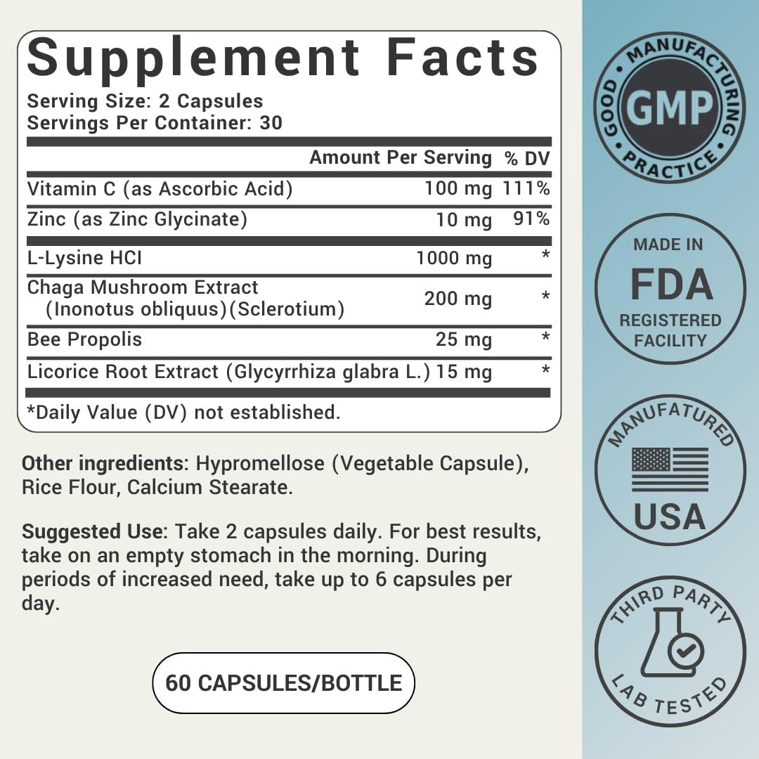 L-Lysin Lippenherpes Behandlung mit Immununterstützung - L-Lysin 1000mg Kapseln, Chaga, Bienenpropolis, Vitamin C, Zink & Süßholzwurzel-Extrakt - Nicht-GVO, Vegetarisch, 60 Kapseln für Männer und Frauen