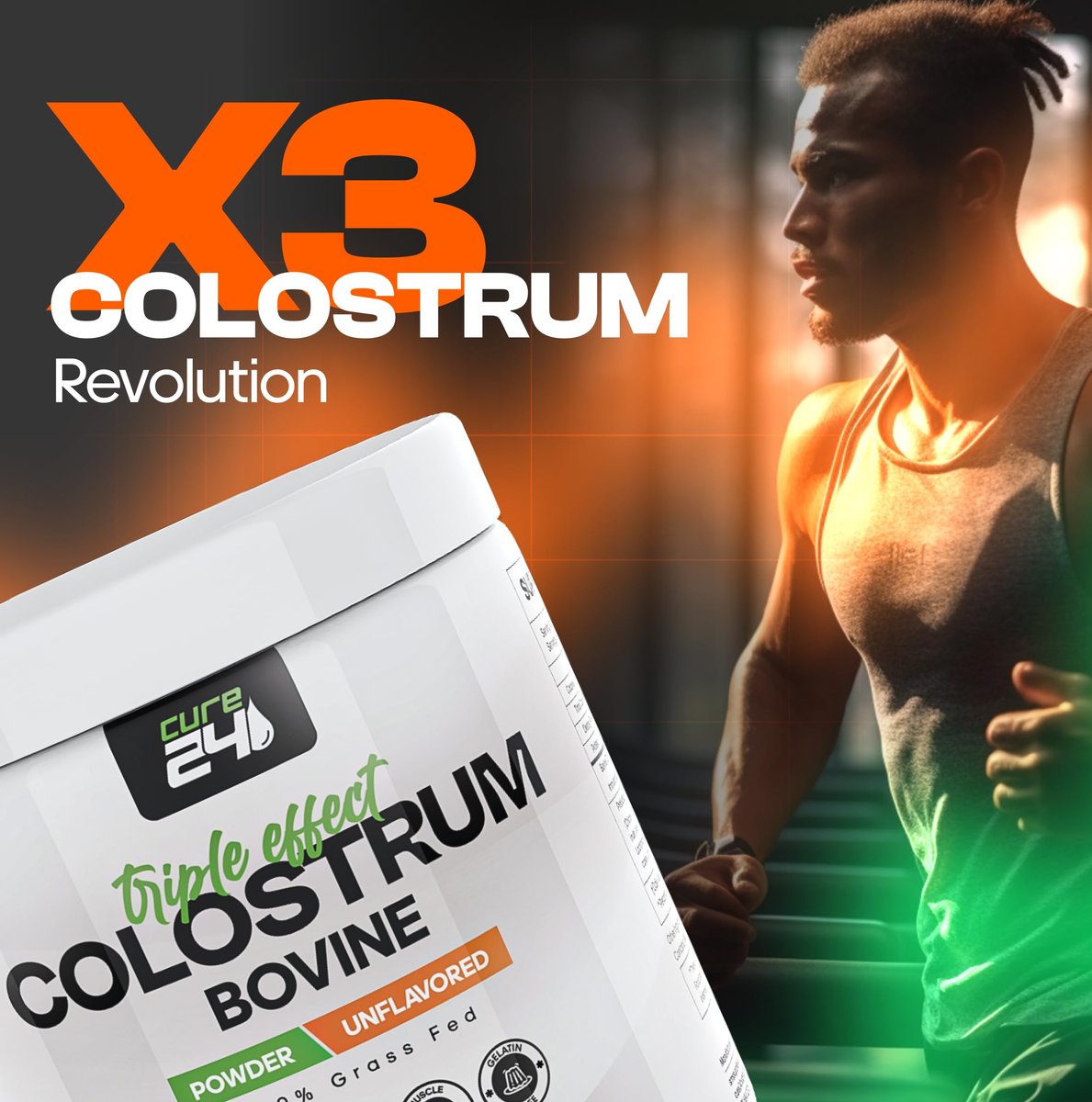 Cure24 Bovine Colostrum X3 Pulver für Menschen – 100% reines, natürliches, grasgefüttertes Superfood, hoher IgG-Gehalt, plus Probiotika & Präbiotika, unaromatisiert, hergestellt in den USA