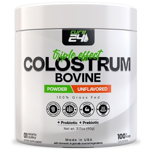 Cure24 Bovine Colostrum X3 Pulver für Menschen – 100% reines, natürliches, grasgefüttertes Superfood, hoher IgG-Gehalt, plus Probiotika & Präbiotika, unaromatisiert, hergestellt in den USA
