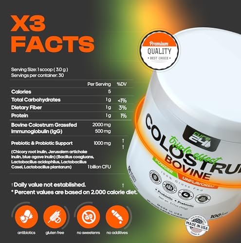 Cure24 Bovine Colostrum X3 Pulver für Menschen – 100% reines, natürliches, grasgefüttertes Superfood, hoher IgG-Gehalt, plus Probiotika & Präbiotika, unaromatisiert, hergestellt in den USA