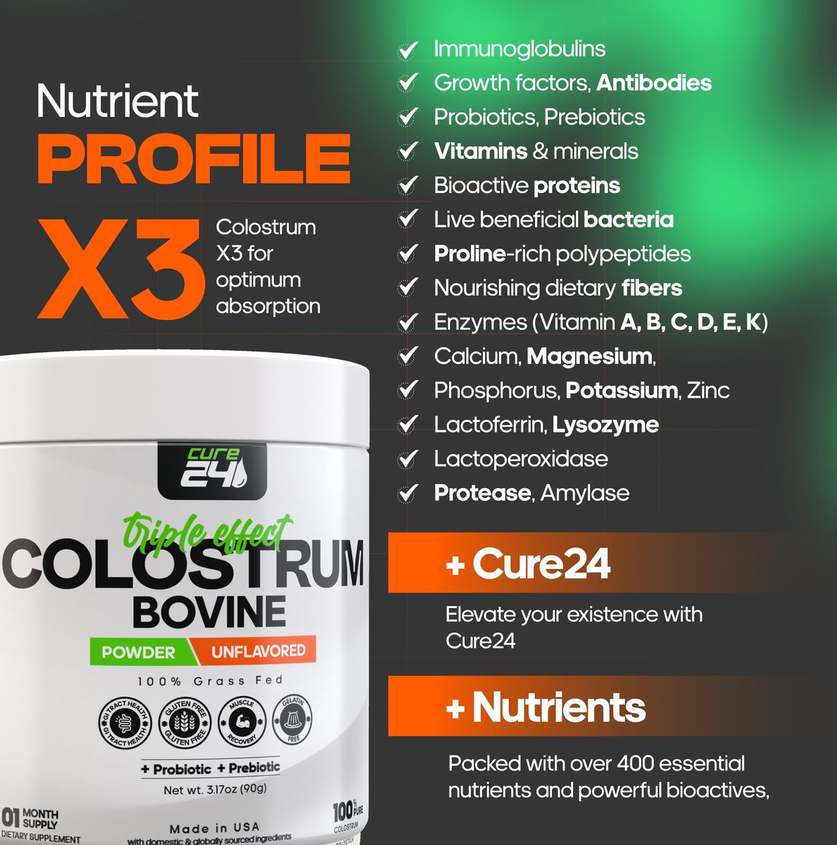 Cure24 Bovine Colostrum X3 Pulver für Menschen – 100% reines, natürliches, grasgefüttertes Superfood, hoher IgG-Gehalt, plus Probiotika & Präbiotika, unaromatisiert, hergestellt in den USA
