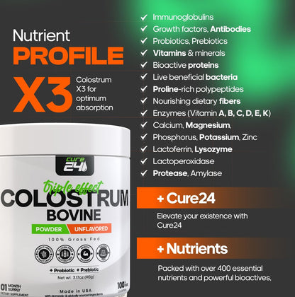Cure24 Bovine Colostrum X3 Pulver für Menschen – 100% reines, natürliches, grasgefüttertes Superfood, hoher IgG-Gehalt, plus Probiotika & Präbiotika, unaromatisiert, hergestellt in den USA