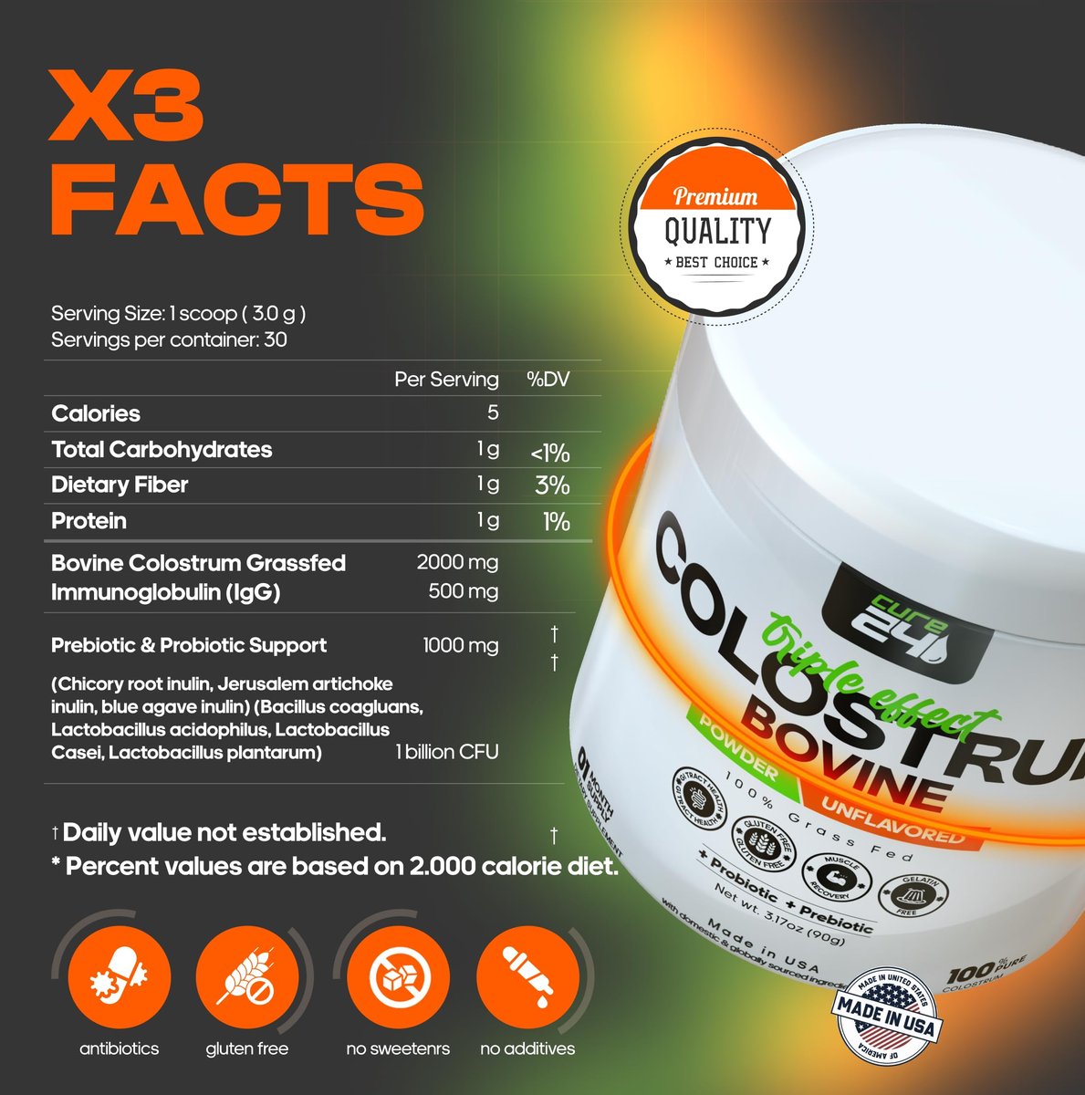 Cure24 Bovine Colostrum X3 Pulver für Menschen – 100% reines, natürliches, grasgefüttertes Superfood, hoher IgG-Gehalt, plus Probiotika & Präbiotika, unaromatisiert, hergestellt in den USA