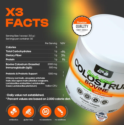 Cure24 Bovine Colostrum X3 Pulver für Menschen – 100% reines, natürliches, grasgefüttertes Superfood, hoher IgG-Gehalt, plus Probiotika & Präbiotika, unaromatisiert, hergestellt in den USA