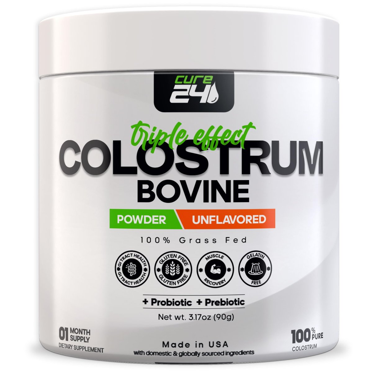 Cure24 Bovine Colostrum X3 Pulver für Menschen – 100% reines, natürliches, grasgefüttertes Superfood, hoher IgG-Gehalt, plus Probiotika & Präbiotika, unaromatisiert, hergestellt in den USA