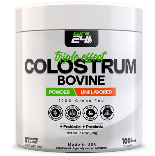 Cure24 Bovine Colostrum X3 Pulver für Menschen – 100% reines, natürliches, grasgefüttertes Superfood, hoher IgG-Gehalt, plus Probiotika & Präbiotika, unaromatisiert, hergestellt in den USA