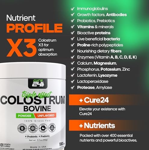 Cure24 Bovine Colostrum X3 Pulver für Menschen – 100% reines, natürliches, grasgefüttertes Superfood, hoher IgG-Gehalt, plus Probiotika & Präbiotika, unaromatisiert, hergestellt in den USA